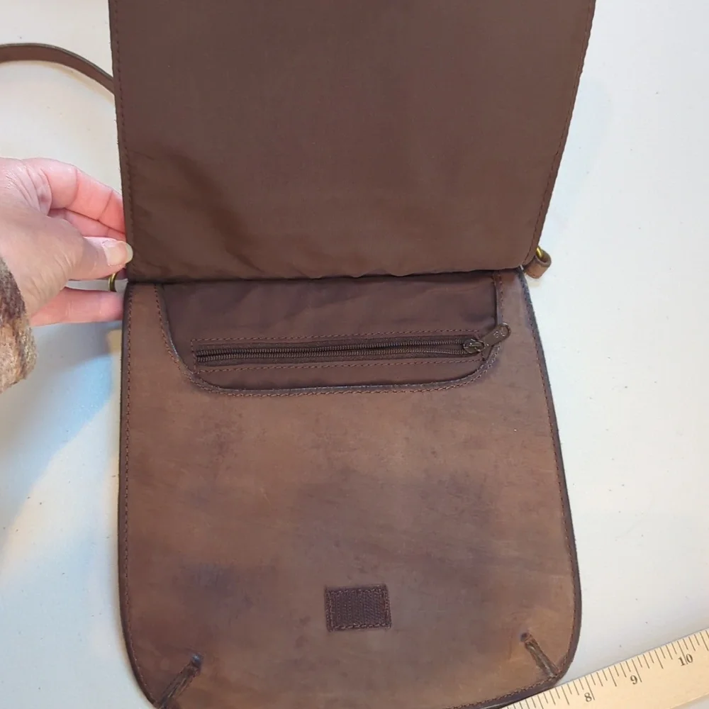 Vintage,Rolfs, Brown Floral Applique Slim Leather Crossbody Bag